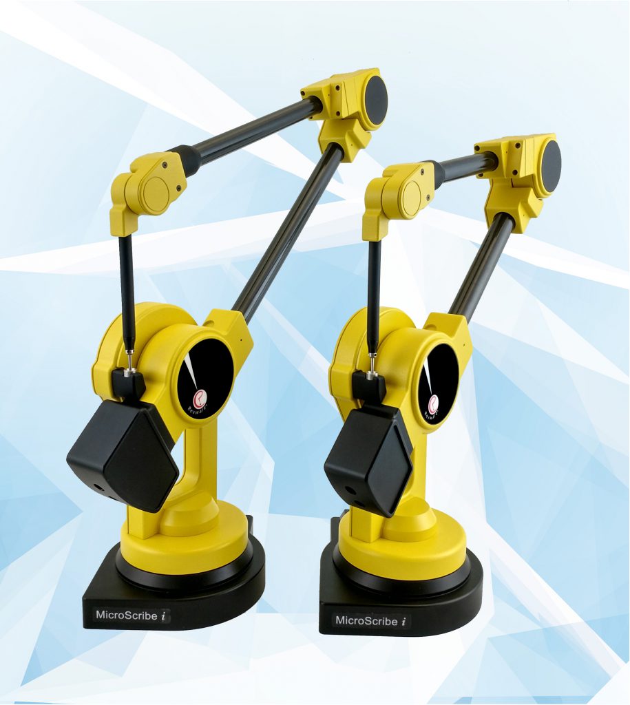 Two yellow and black MicroScribe portable 3D Measuring arms on a light blue and white geometric background.