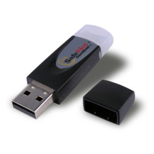 A black USB key with the top open and the Safenet Sentinel logo on a white background.