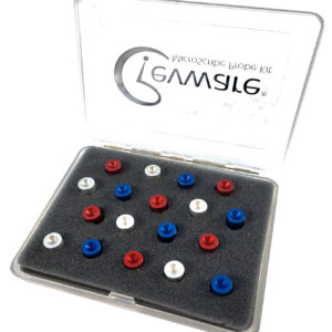 A clear case with the top open, charcoal gray foam insert and eighteen small aluminum alignment divots in red, silver, and blue