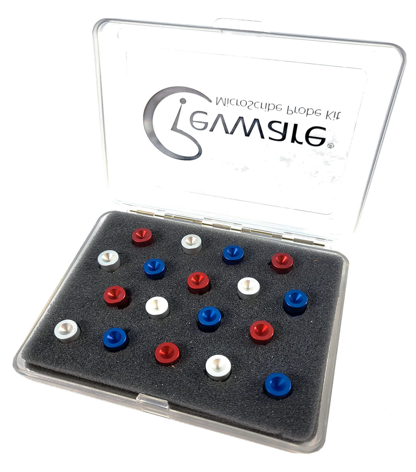 A clear case with the top open, charcoal gray foam insert and eighteen small aluminum alignment divots in red, silver, and blue