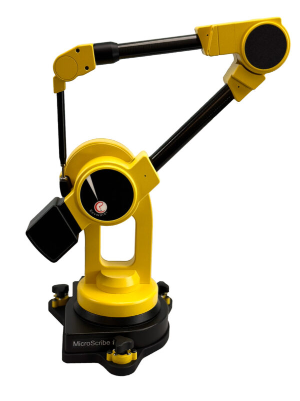 Yellow and black MicroScribe i Plus portable 3D measurement arm attached to a black triangular mounting plate with three yellow and black magnetic locks.