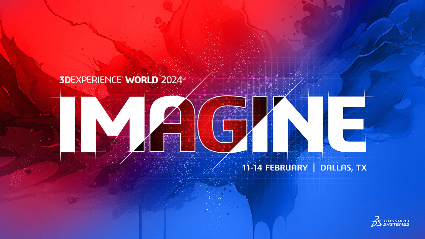 Blue and red background with white letters saying 'Imagine' in front for 3D Experience World 2024 in Dallas Texas.