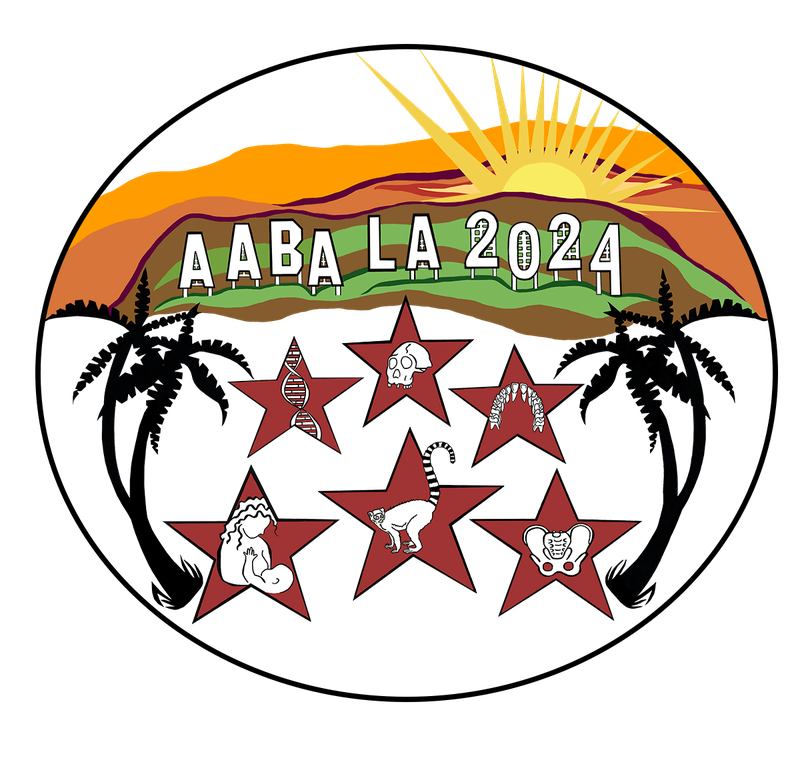 A logo showing a sunset with white letters, black palm trees, and red stars containing graphics of bones, teeth, and DNA in them.