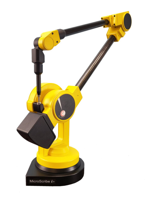 A yellow and black six-degree-of-freedom MicroScribe portable 3D measurement arm on a white background.