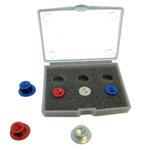 A clear case with the top open, grey foam insert and six small aluminum alignment divots in red, silver, and blue