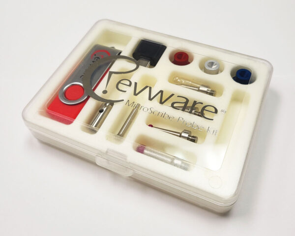 A small clear box on white background with the lid closed, the Revware logo on the lid, and a white foam insert showing MicroScribe probe tips and USB drive.