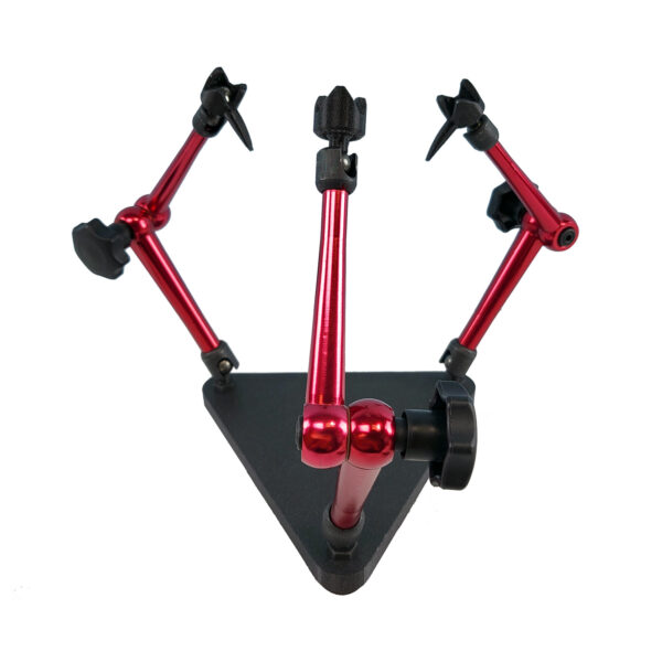 An articulating three-armed specimen stand. The stand has a black triangular base and three red metal arms with black tips.