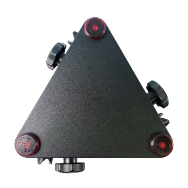 Matte black triangle-shaped base of a specimen stand with three red round silicone feet