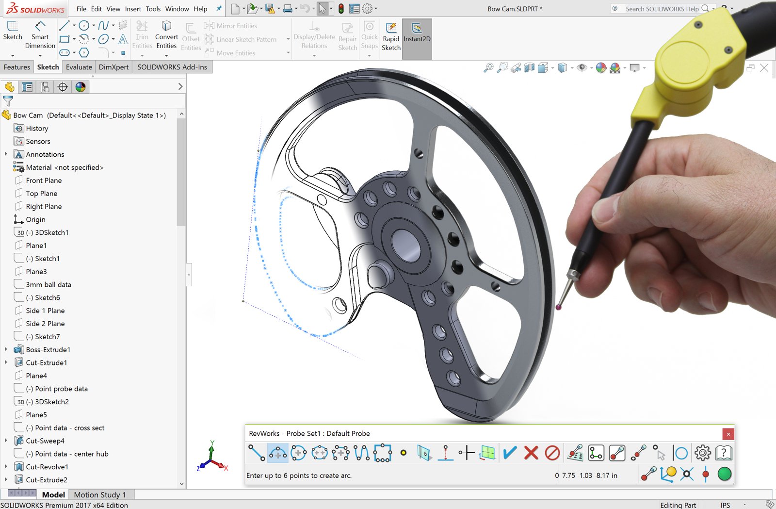 A MicroScribe stylus touches the rim of a machined wheel while sparse probed points on the left dissolve into the finished SOLIDWORKS model on the right.